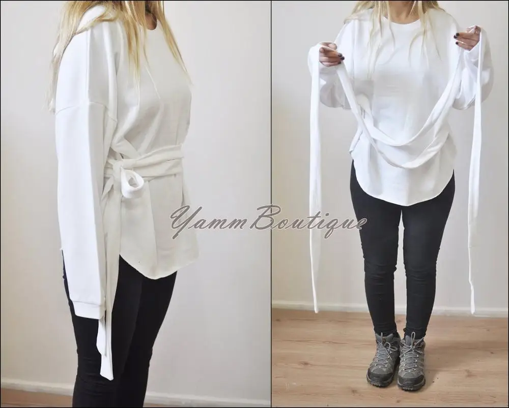 Asymmetric Knot Tie Around Waist Wrap Raw Oval Hem