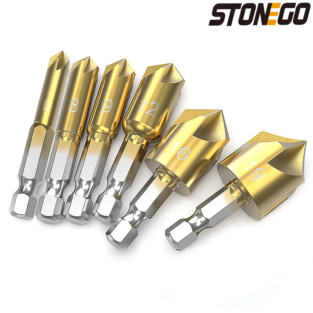 

STONEGO 6Pcs Titanium Coating Countersink Drill Bit Set 1/4'' Hex Shank 5 Flute Countersink 90 Degree Wood Chamfering Cutter