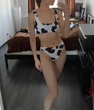 Bikinis con estampado de vaca para mujer, traje de baño de cintura alta, conjunto de Bikini de pierna alta, ropa de playa para primavera y verano, novedad de 2021