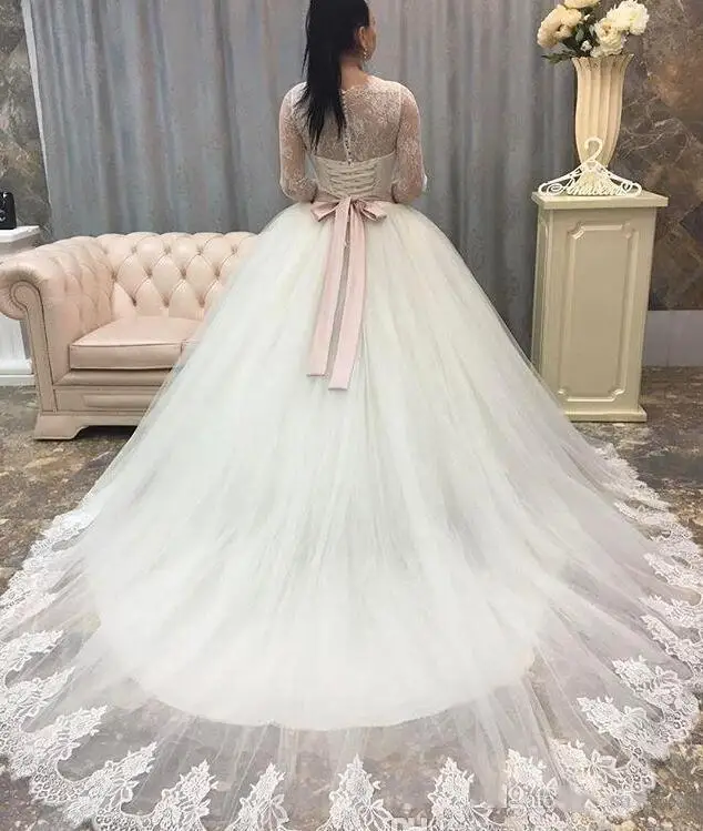 Vestido De Novias, элегантное бальное платье с длинным рукавом, дешевые свадебные платья принцессы, кружевные свадебные платья с поясом
