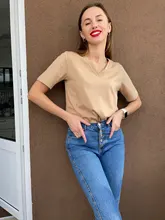 Summer T-Shirt Tees Short-Sleeve Basic Female V-Neck Women Ladies Hirsionsan 100%Cotton