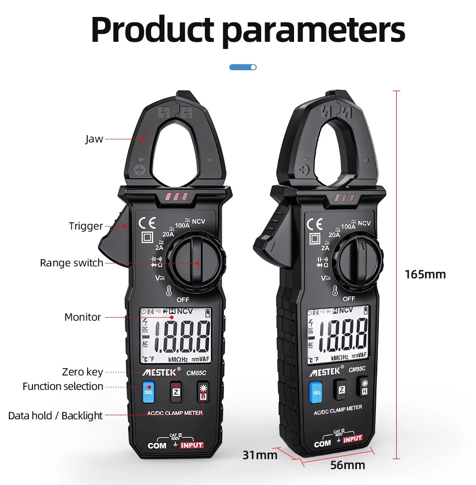 

Mestek CM85C AC DC Digital Clamp Meter Multimeter Pinza Amperimetrica True RMS High Precision Capacitance NCV Ohm Curent Meter