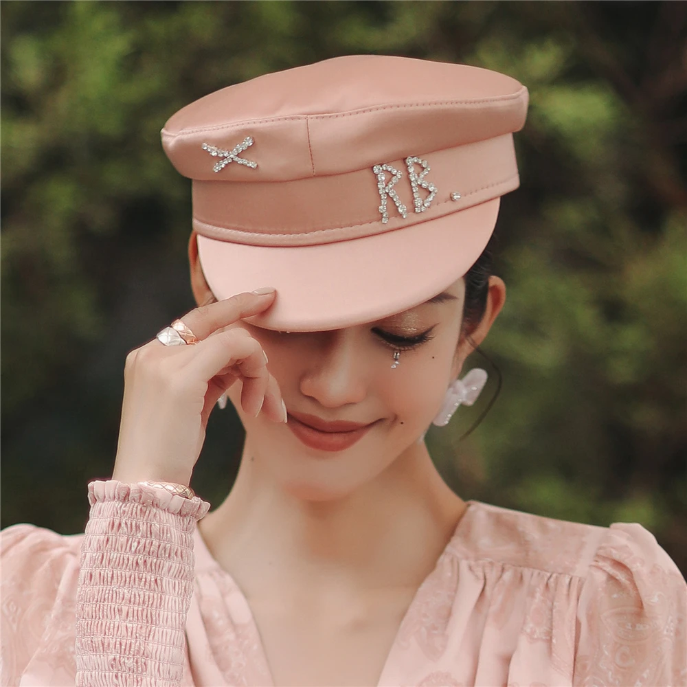 New Brand Designer Spring Summer Caps Women Two-colored Newsboy Cap Crystal-Embellished satin baker boy hat