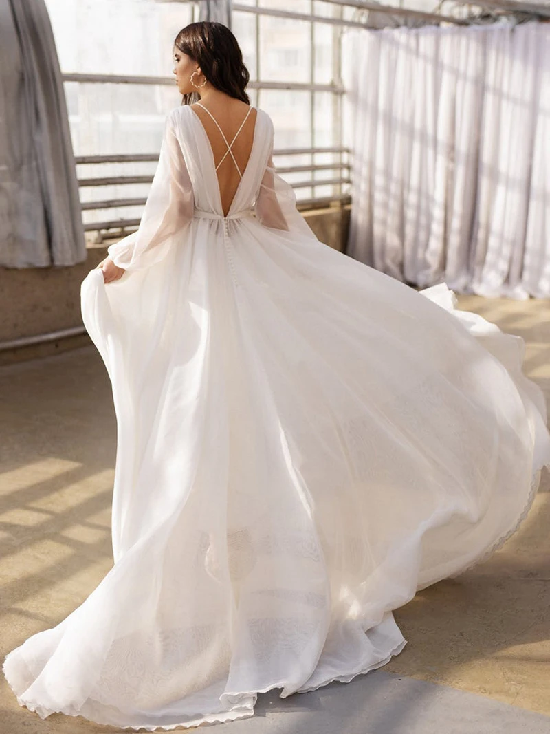 Vestido de Casamento Crisscross sem Encosto Dama de Honra Vestido de Noiva Robe de Mariée Bateau Mangas Compridas Puff Chiffon Simples Praia Tamanho Grande 2 de honra vestido de noiva plus size robe de mariée