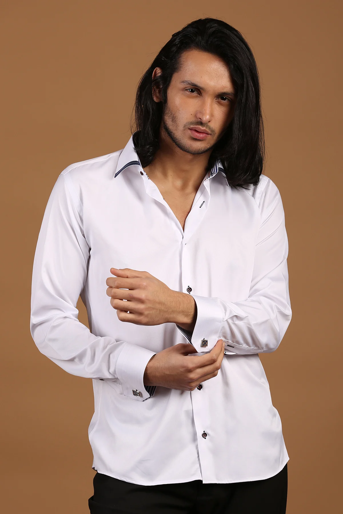 Shiny Fabric Narrow Cut Slim Fit Sleeve Button Long Sleeve Navy Blue Detailed White Male Shirt