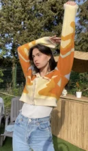 Chaqueta corta de punto con una hilera de botones para mujer, suéter de manga larga con cuello vuelto, Bordado de letras, Harajuku, Otoño, 2020