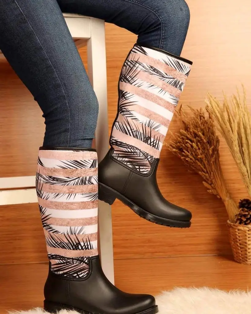 

Mosimoso Women's Ankle Height Boot Rainbo Black Color Striped Palm Women Rain Boot