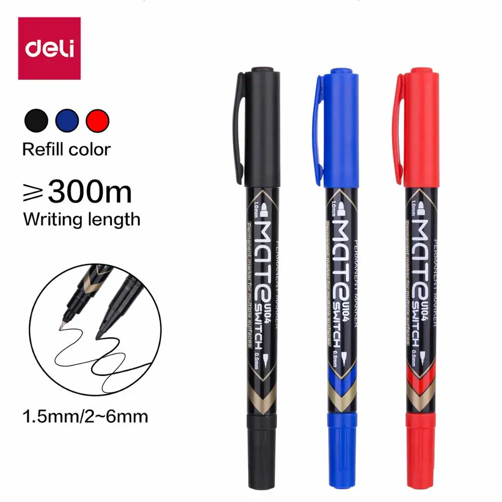 DELI-rotuladores permanentes de doble punta, 0,5mm/1mm, EU104, negro, azul, rojo, resistente al agua, secado rápido, papelería de oficina, rotuladores permanentes