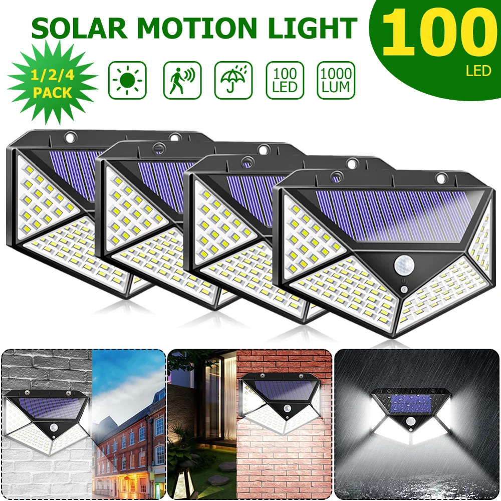 

100 LED 4 Sided Solar Power Light 3 Modes 1200LM Motion Sensor Wall Lamp Outdoor Waterproof Garden Yard Lamps