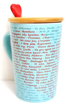 

I Love You Written in One Hundred Languages Blue Porcelain Mug, With Lid, With Heart Tea Spoon