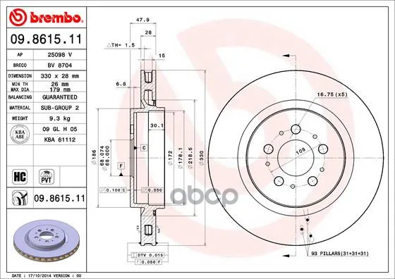 Диск Тормозной Задн Volvo: S60 00- Brembo арт. 09.8615.11