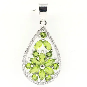 

34x18mm SheCrown Luxury Drop Shape Created Green Peridot CZ Ladies Present Silver Pendant