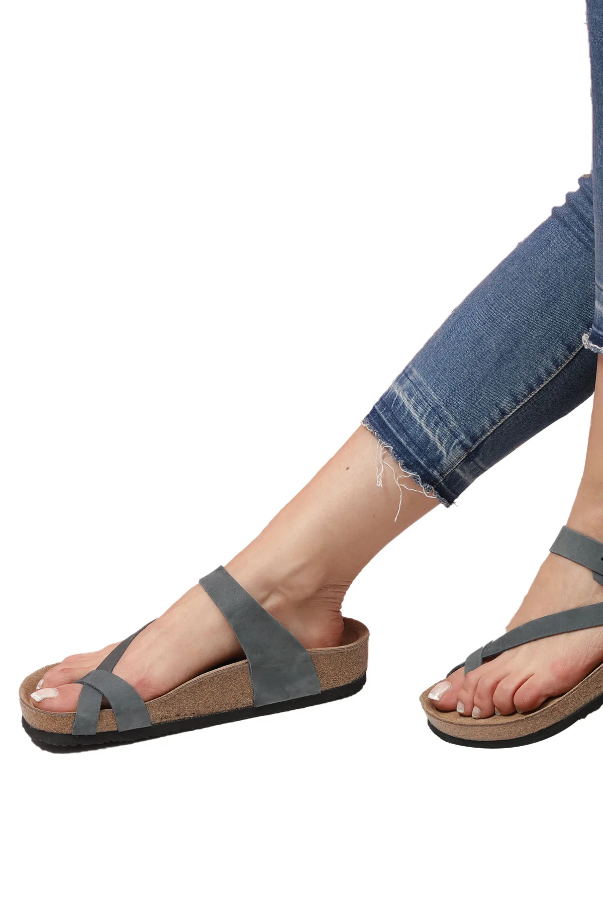 

LARISSA Navy Blue Flip-Flops Anatomical Natural Cork Sole Real Leather Women Sandals