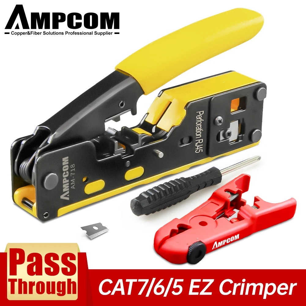 AMPCOM RJ45 RJ11 Pass Through Crimping Tool for Cat7/6A Cat6/5 Ethernet Modular Plugs Connectors With Stripper and Spare Blade