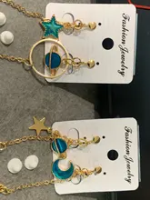 Pendientes asimétricos de círculo azul esmaltado para mujer, de estilo coreano, estrella, Luna, planeta, no perforados, regalo de fiesta
