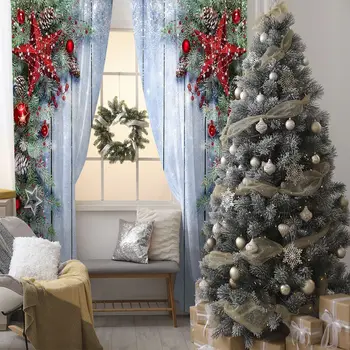 

Curtain Pine Tree Branches Cones Decorating Balls Stars on Wooden Wall Country Style Rustic Decor Green Red Blue