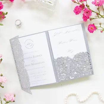 

Grey Wedding Invitations with Envelopes, Lace Laser Cut DIY Set, Main Invitation, Day Invite, Evening, RSVP, Wishes - PACKS!