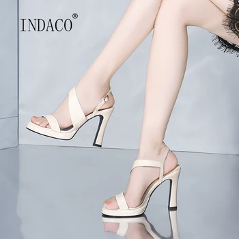 

Women Platform Sandals High Heels Leather Black Beige Women Shoes Summer Ankle Strap Heels 10cm
