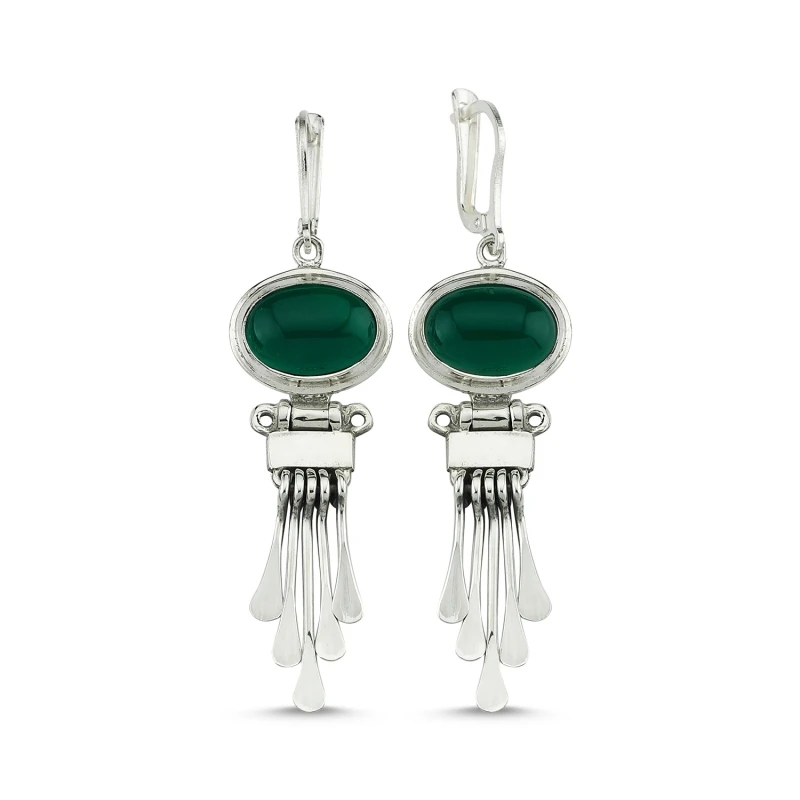 

Silver 925 Sterling Green Agate Gemstone Dangle Hand Handwork Earrings