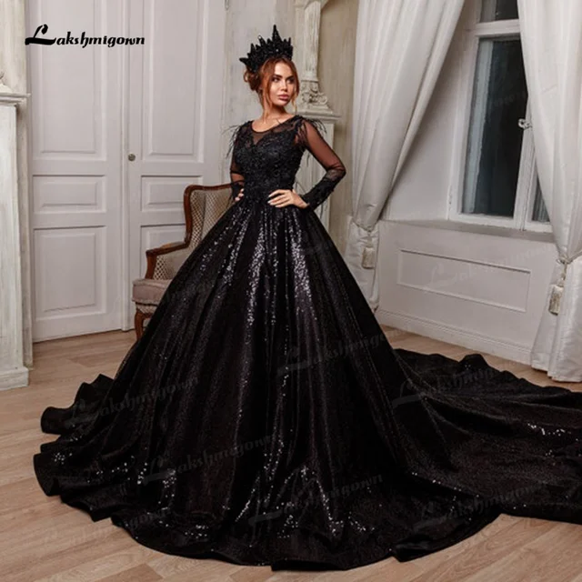 Princesa preto cheio de brilho bola vestido de casamento vestido de luxo  manga longa gótico vestido de noiva com penas aberto volta africano -  AliExpress