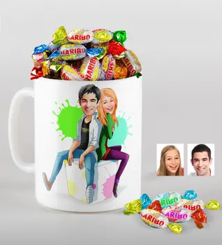 

Personalized Valentine Caricature Of mug And Haribo Candy Gift Seti-35