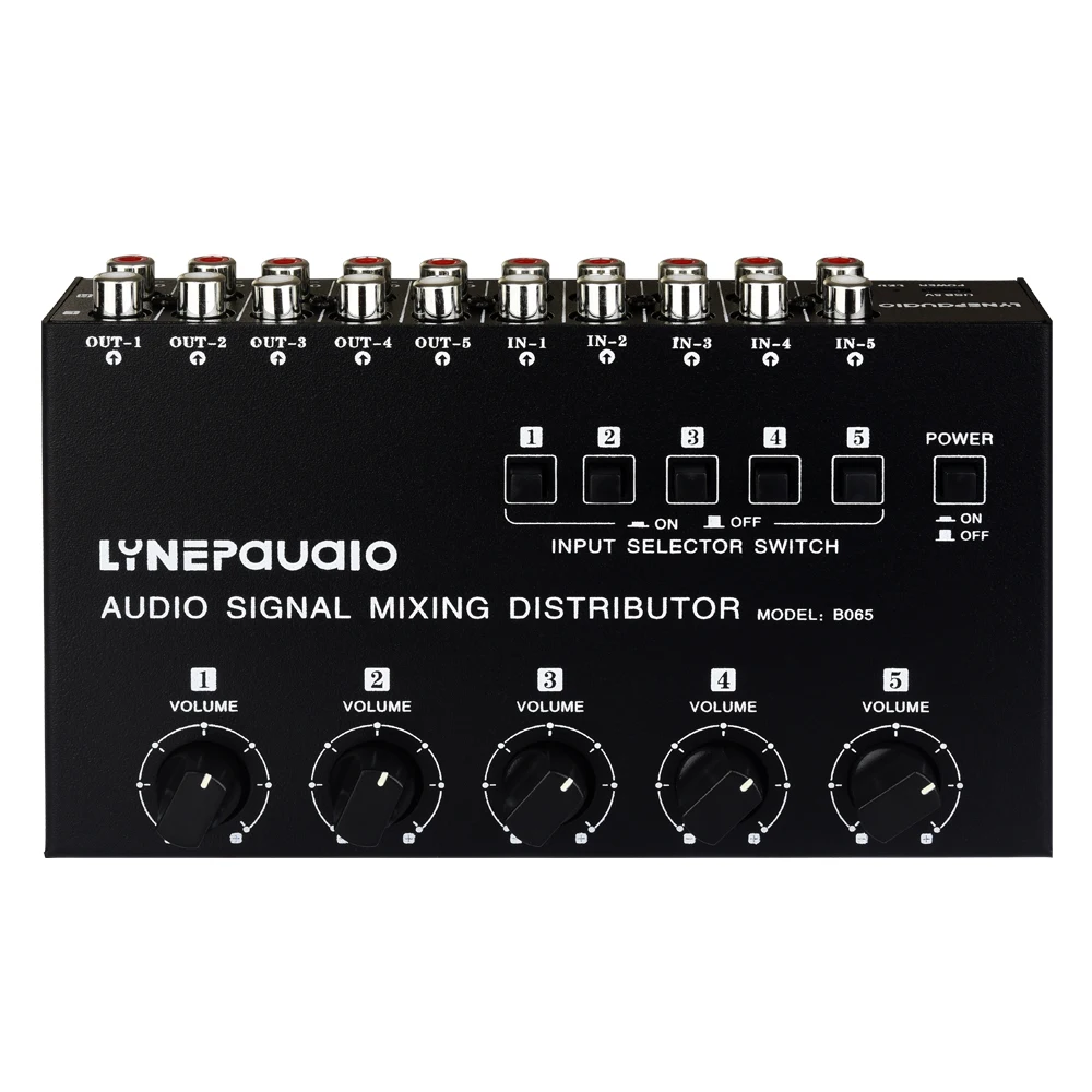 5-in 5-out audio signal selection mixing splitter  output independent volume adjustment RCA interface 2
