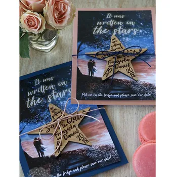 

Star Save the Date magnet with Cards and Envelopes, custom Engraved Starry night wooden magnets, rustic proposal wedding invites