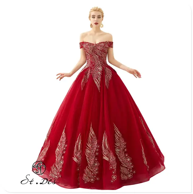 $ NEW 2020 St.Des A-line Strapless Russian Red Phoenix Sequins Beading Sleeveless Designer Floor Length Evening Dress Party Dress