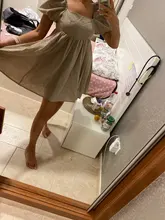 Ladies Dress Puff-Sleeve Square Collar Linen Khaki Vintage High-Waist Casual Summer Women