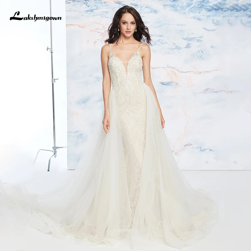 

Lakshmigown Spaghetti Straps A Line Wedding Dress with Detachable Train Deep Plunging Neckline Beaded Bridal Gown vestido de noi