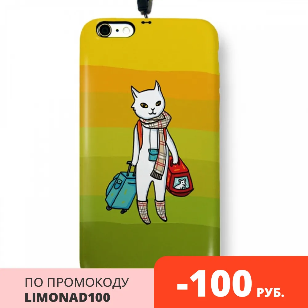 Чехол пластиковый для айфона 6 Plus/6S Plus "Кот-хипстер" с ланъярдом | Мобильные
