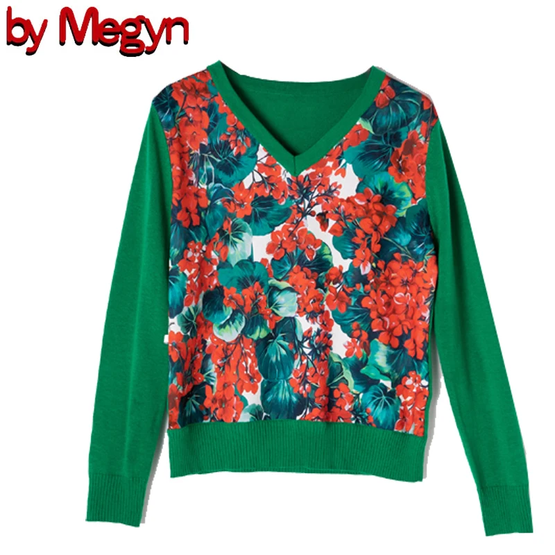 Осень, дизайнерский свитер с v-образным вырезом и принтом, свитер женский, шерстяной эластичный трикотаж, женский шерстяной Модный пуловер, Свободный вязаный - Цвет: Green Red Floral