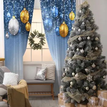 

Christmas Decoration Golden Silver Baubles With Fir Tree Branches Snowflakes Yellow Blue White Curtain
