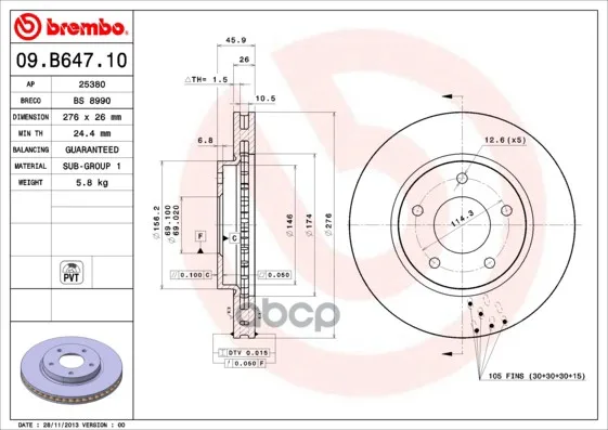 Диск Тормозной Передн, Mitsubishi: Lancer Sportback 08-, Lancer 07- Brembo арт. 09.B647.10