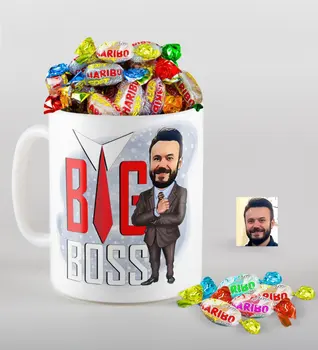 

Personalized Mr Big Boss Caricature Of mug And Haribo Candy Gift set-4