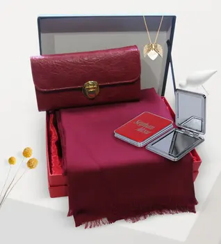 

Women Custom Is Gold Angel Wing Necklace Mirror Red Wallet Shawl Gift Set