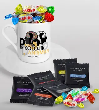 

Personalized Psychological Counsellor Turkish coffee Cup Selamlique Mixed Turkish Coffee House and Haribo Candy Gift Set