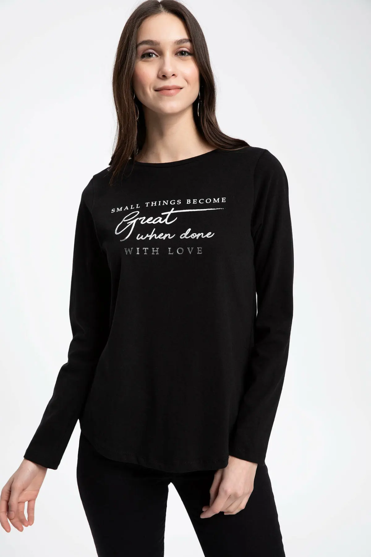 

DeFacto Cool Letter Prints Women Winter Top Tees Casual Woman Long Sleeve Black Tees Female T-Shirt-K1414AZ18WN