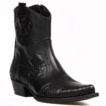 

FootCourt- Black Motorcycle Boots Men Biker Boot Genuine Snake Printed Leather Zipper Pointed Toe New Collection Side Zip Access