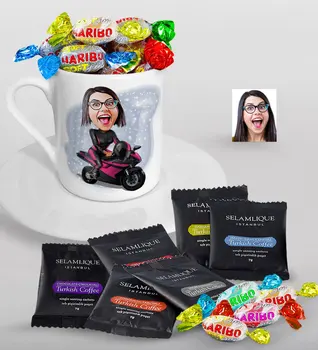 

Personalized Women 'S Biker Caricature Of Turkish Coffee Cup Selamlique Mixed Turkish Coffee house And Haribo Candy Gift set