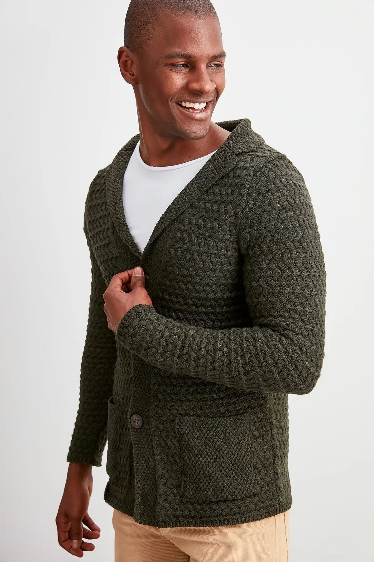 Мужской двубортный кардиган с карманами текстурированная трикотажная одежда