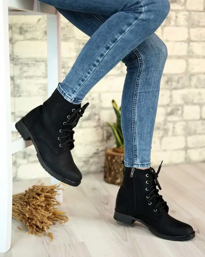 

Mosimoso Women's Ankle Height Boot Nella Matte Black Skin Zipper Lace Detailed Women Boots