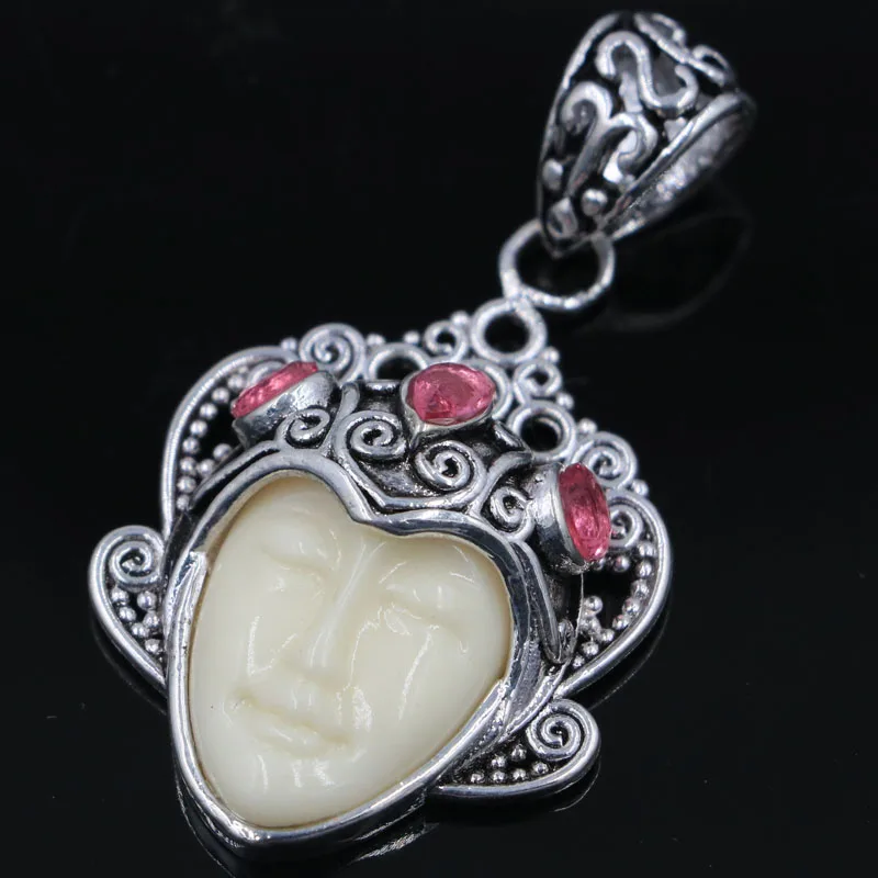 50x28mm Special 11g Goddess White Face Created Pink Tourmaline Gift Silver Pendant