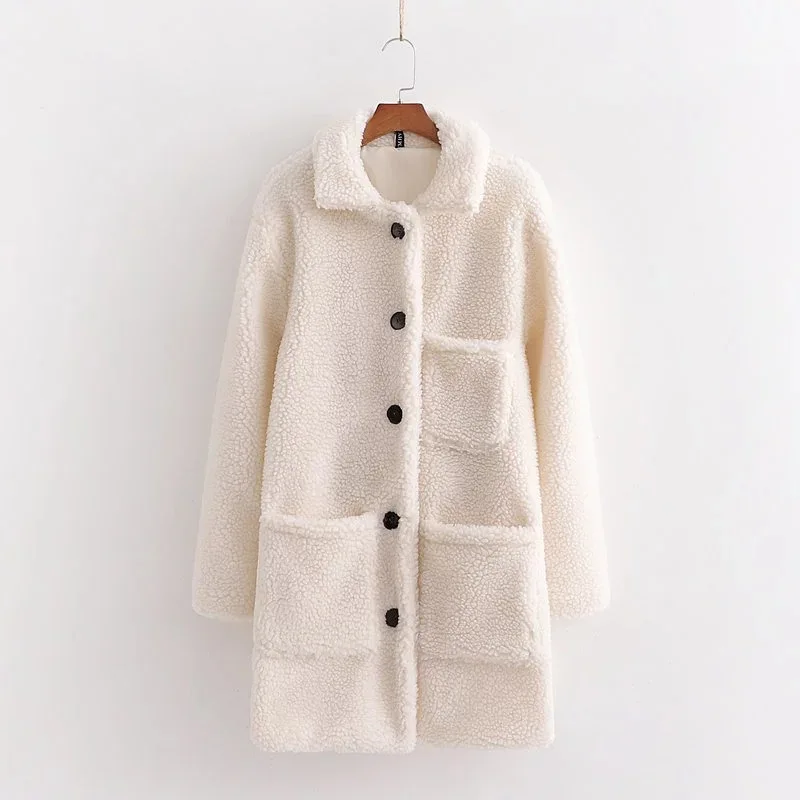Winter Faux Fur Teddy Coat Woman Oversized Long Top Jacket Furry Dual Pocket | Женская одежда
