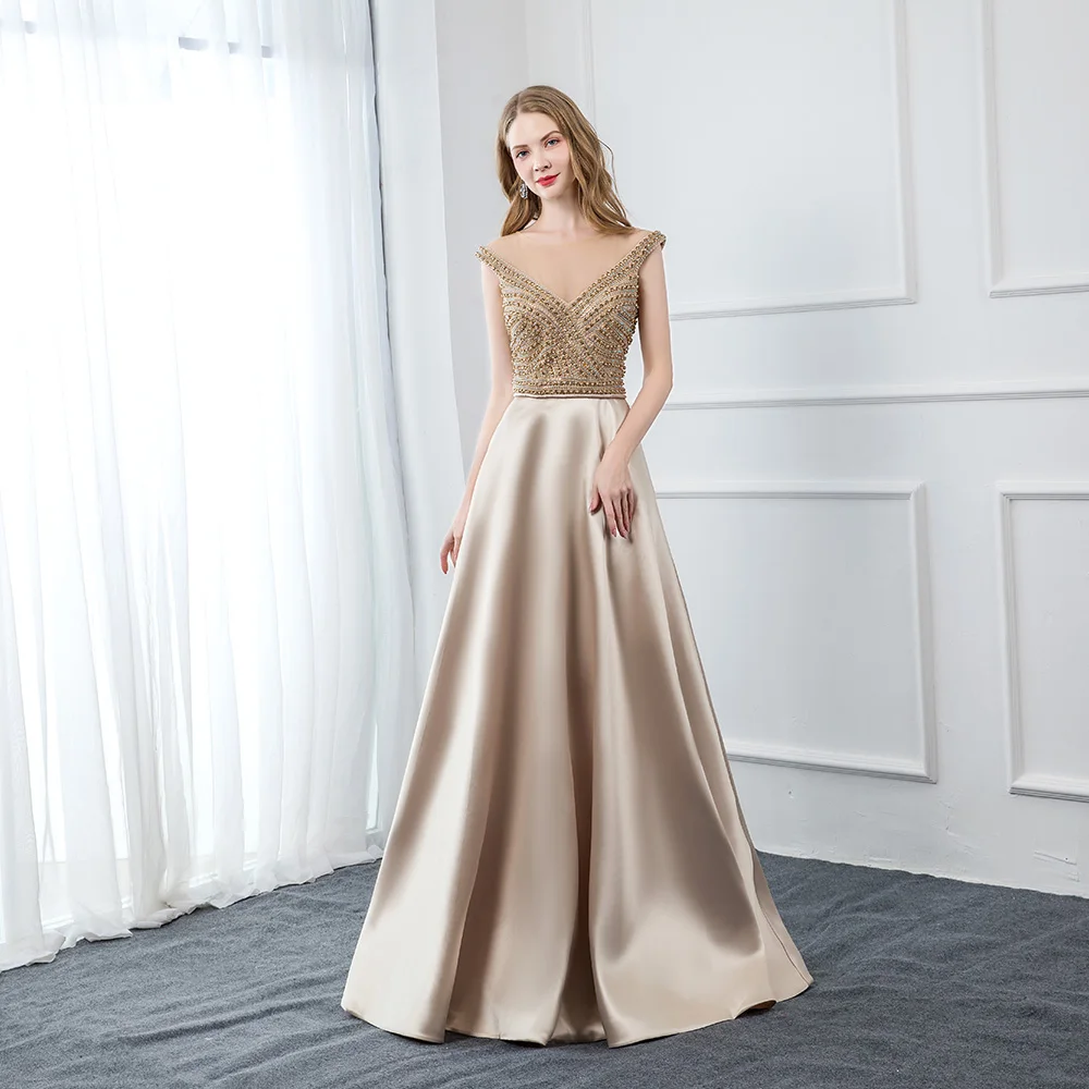 DressbLee последнее поступление атласное вечернее платье цвета шампанского с