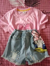 Conjunto de ropa con estampado de patos para niñas, camisa y pantalones cortos vaqueros con agujeros rotos de lentejuelas para verano
