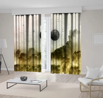 

Curtain Cloudy Sky with Full Moon and Stars Magical Nature Futuristic Scenery Printed Gray Green
