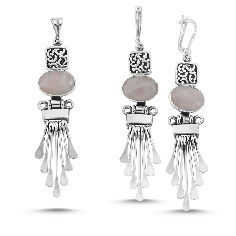 

Silver 925 Sterling Pink Quartz Stone Handwork Set