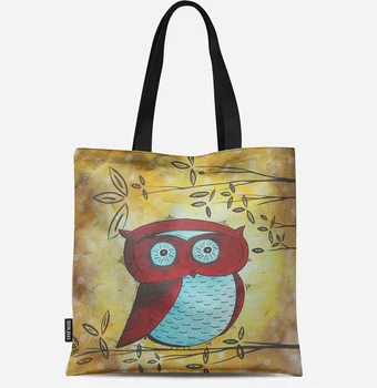 

Reusable Shopping Bag Eco Women Handbag Foldable Beach Bag Daily Use Shoulder Bag Casual Canvas Owl Pattern Printed