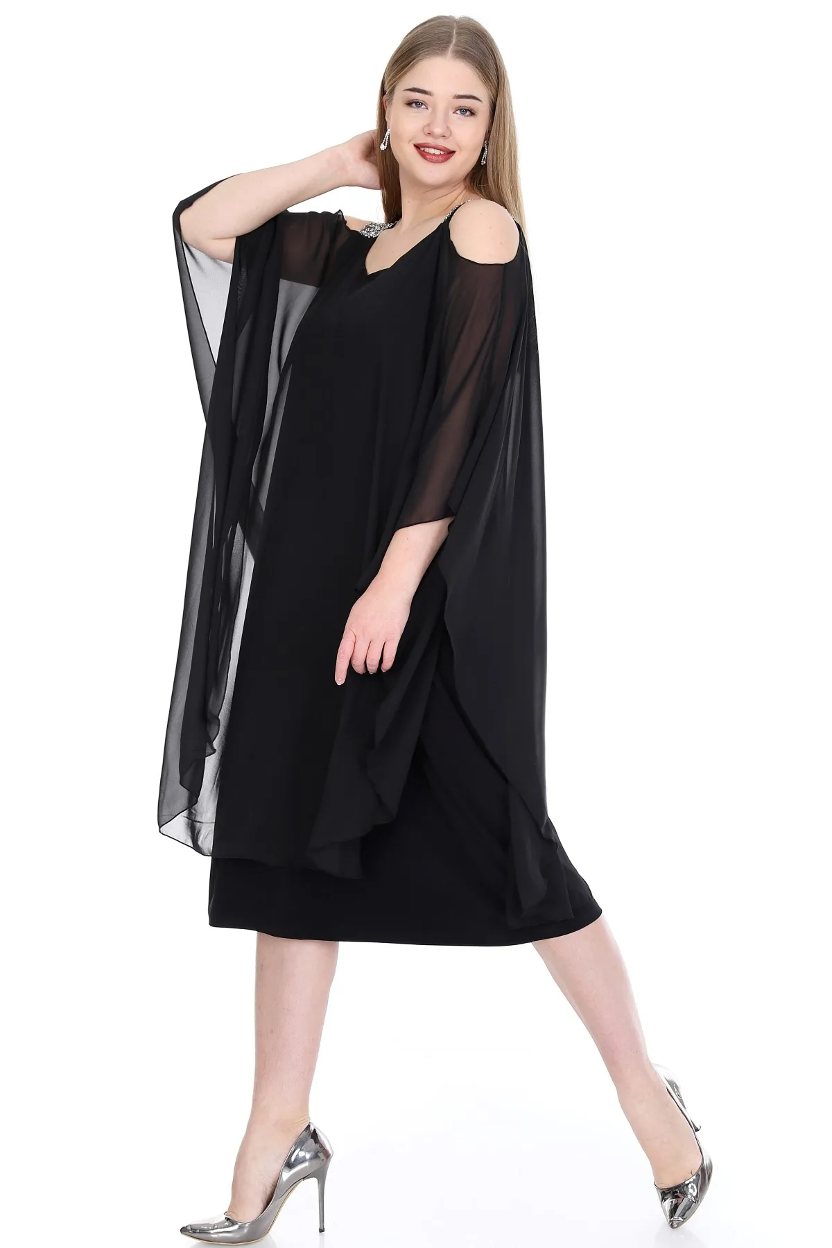 Большой размер плечи драгоценный камень Холтер шифоновое платье KL805 | Женская